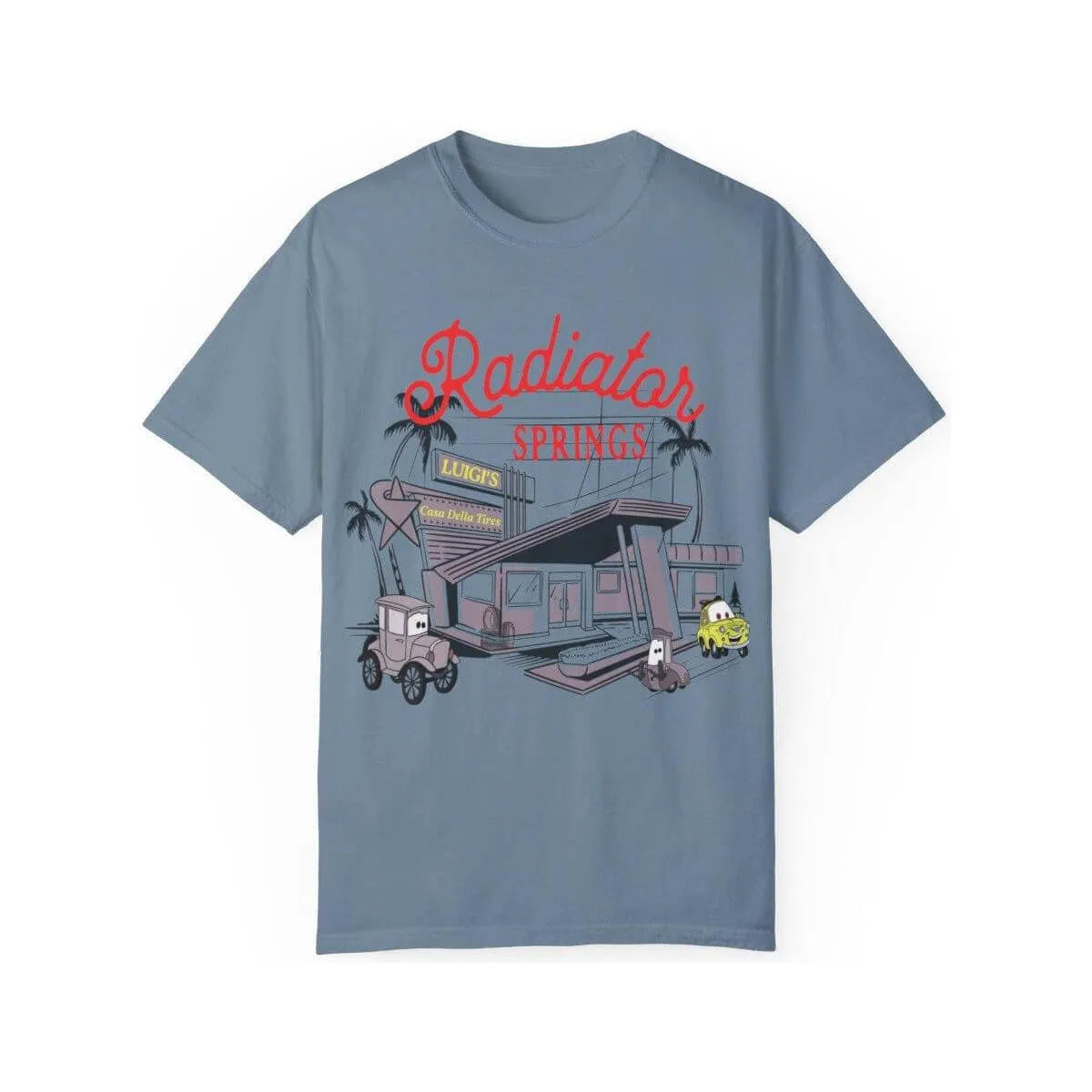 Blue t-shirt featuring a Radiator Springs Luigi's Casa Della Tires graphic with cartoon cars.